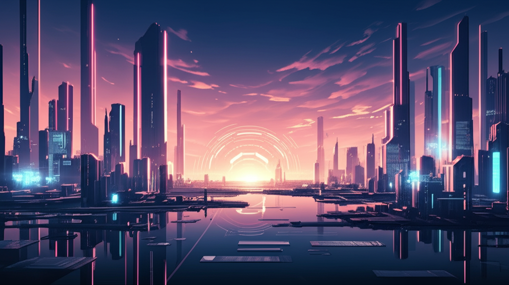 Immersive virtual environment with glowing elements and interactive objects